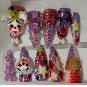 Harlequin 3D Clowncore Press On Nails Harajuku Goth Kawaii Edgy Purple Circus
